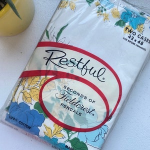 Vintage UNOPENED Blue Yellow Floral Pillowcases, Restful Fieldcrest Flower Cotton Pillow Covers, Vintage Floral Cottage Bedding Pillow Cases