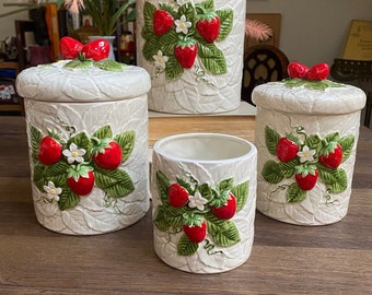 1981 Sears & Roebuck Strawberry Canister Set of 4, Retro Strawberry Canister Set, Vintage Strawberry Cookie Jar, Strawberry Cottage Kitchen
