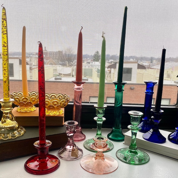 Vintage Colored Glass Candlestick Holders, Mid-Century Modern Glass Taper Candlestick Holders, Cobalt Blue/Pink/Red/Green/Amber CandleHolder