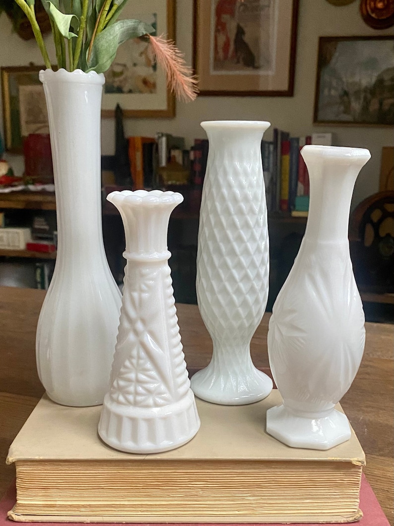 Vintage Milk Glass Vases, Milk Glass Wedding Centerpiece Vases, Neutral Academia Decor, Mismatched Vintage Flower Bud Milk Glass Vases image 2