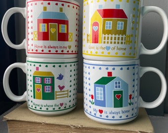 Retro Rainbow Hearts and Home Coffee Mugs,  “Home is Where the Heart is” Coffee Mugs, Vintage Rainbow Hearts/Home/Love Coffee Cups