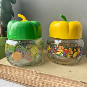 Vintage Vegetable Fruit Jars with Pepper Lid, Retro Fruit and Veggie Canning Jars, Glass Kitchen Food Storage Canisters, Retro Food Jars
