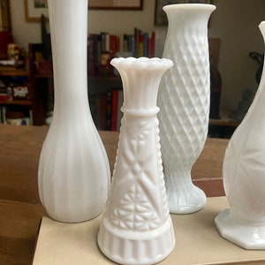 Vintage Milk Glass Vases, Milk Glass Wedding Centerpiece Vases, Neutral Academia Decor, Mismatched Vintage Flower Bud Milk Glass Vases image 4