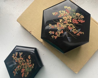 Vintage Black Gold Nesting Floral Jewelry Boxes, Retro Black Lacquer Trinket Boxes, Black Gothic Floral Cottagecore Nesting Catch All Boxes