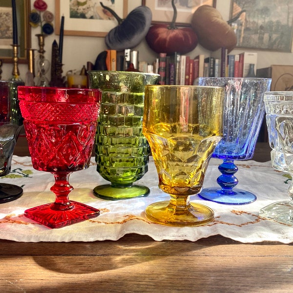 Vintage Multicolored Goblet Set of 6, Mid-Century Modern Mismatched Wine/Water Goblets, Vintage Rainbow Colored Glassware Set, MCM Barware