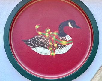 Vintage Christmas Goose Tray, Red Green Metal Holiday Tray, 1980s Christmas Goose with Bow Serving Tray, Vintage Holiday Season Platter Tray