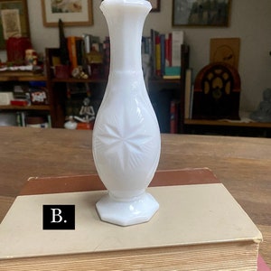 Vintage Milk Glass Vases, Milk Glass Wedding Centerpiece Vases, Neutral Academia Decor, Mismatched Vintage Flower Bud Milk Glass Vases B. 7” Starburst Vase