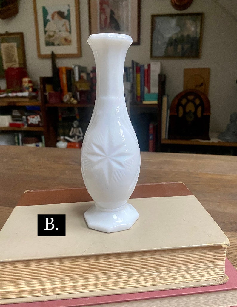 Vintage Milk Glass Vases, Milk Glass Wedding Centerpiece Vases, Neutral Academia Decor, Mismatched Vintage Flower Bud Milk Glass Vases B. 7” Starburst Vase
