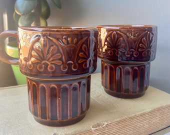 Retro Brown Glaze Stoneware Teacups, 1970s Stackable Teacup Set of 2, Vintage Brown Glaze Coffee Cups, Dark Academia Kitchen, Moody Kitchen