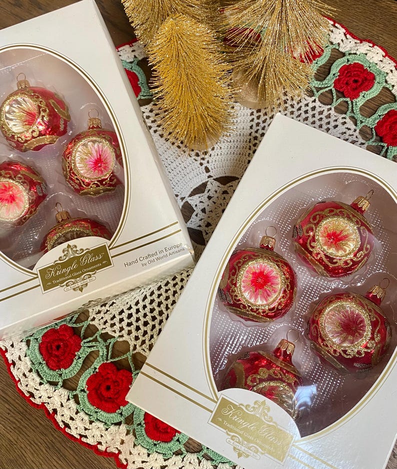 Vintage Red/gold Christmas Tree Ornaments, Kringle Glass Handcrafted