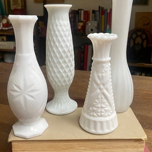 Vintage Milk Glass Vases, Milk Glass Wedding Centerpiece Vases, Neutral Academia Decor, Mismatched Vintage Flower Bud Milk Glass Vases image 5