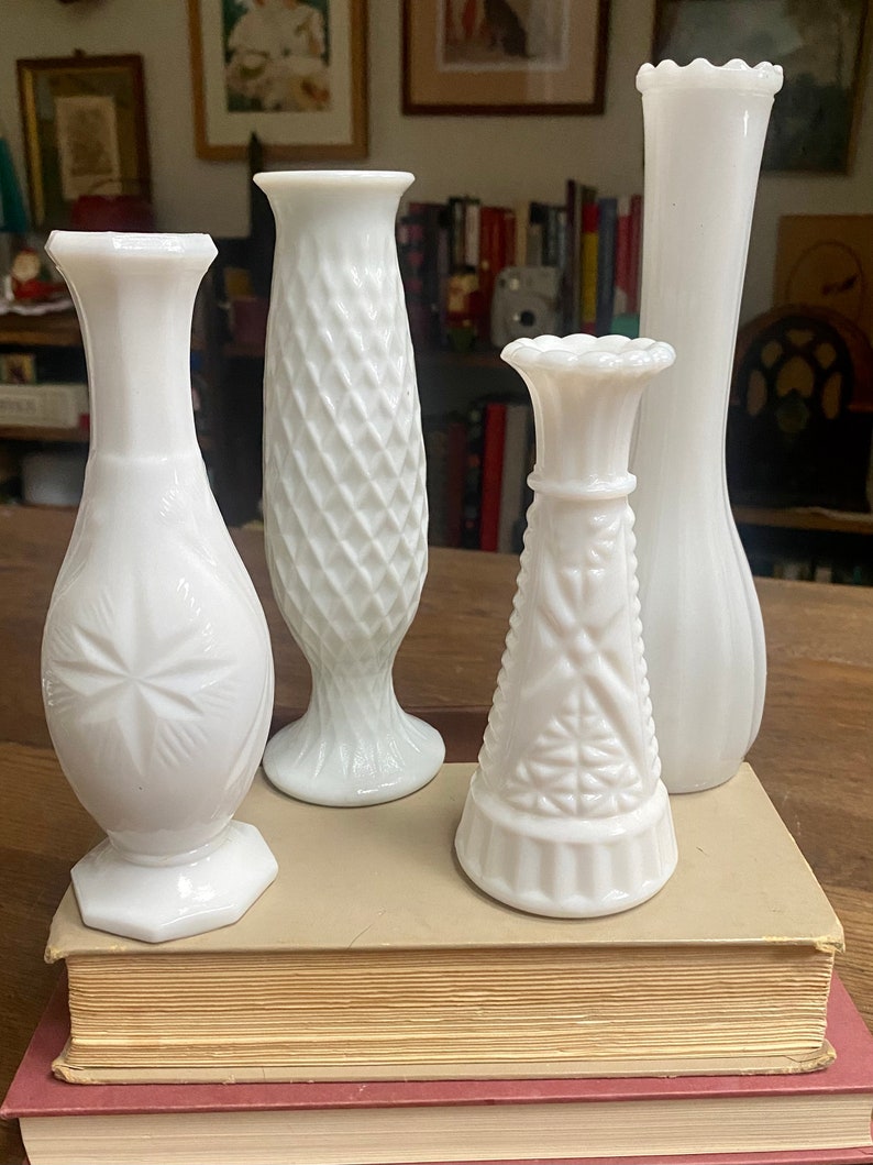 Vintage Milk Glass Vases, Milk Glass Wedding Centerpiece Vases, Neutral Academia Decor, Mismatched Vintage Flower Bud Milk Glass Vases image 5