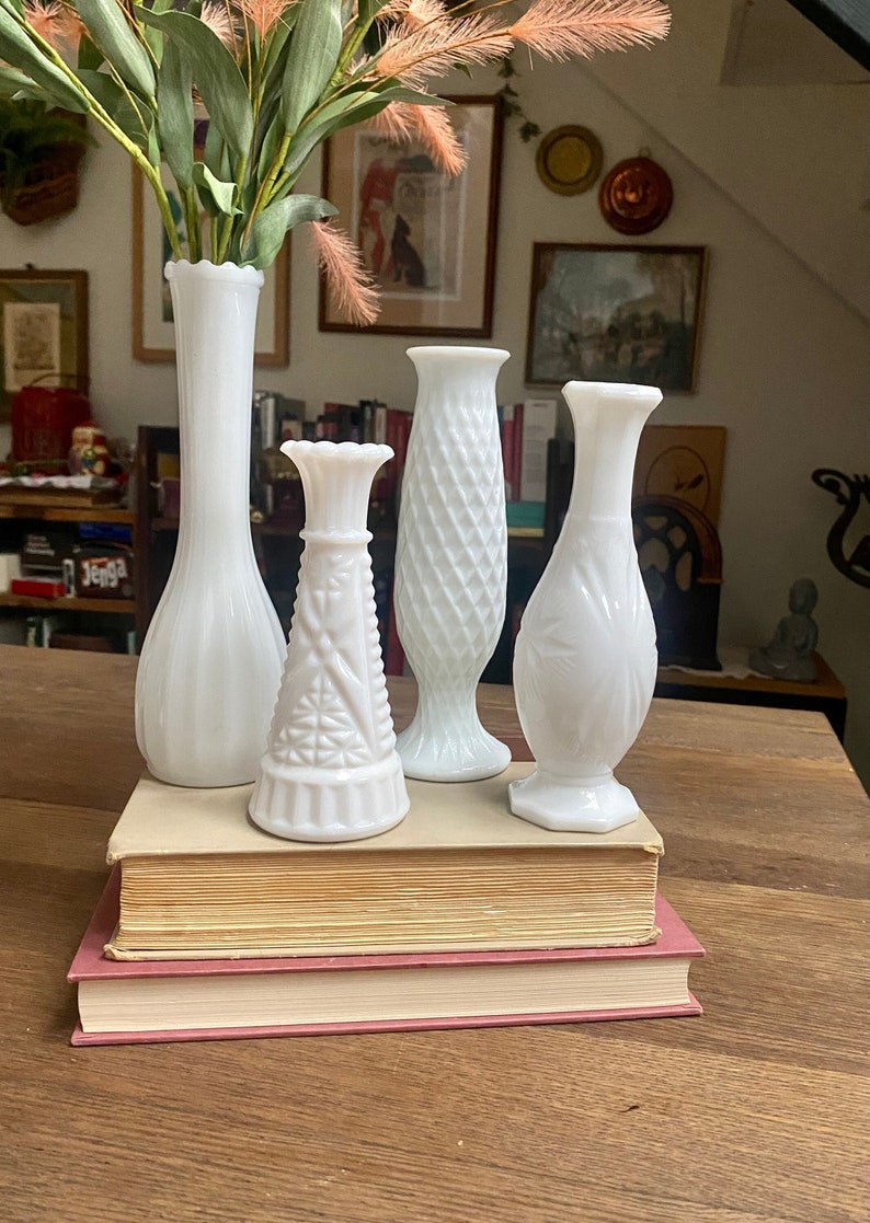 Vintage Milk Glass Vases, Milk Glass Wedding Centerpiece Vases, Neutral Academia Decor, Mismatched Vintage Flower Bud Milk Glass Vases image 1