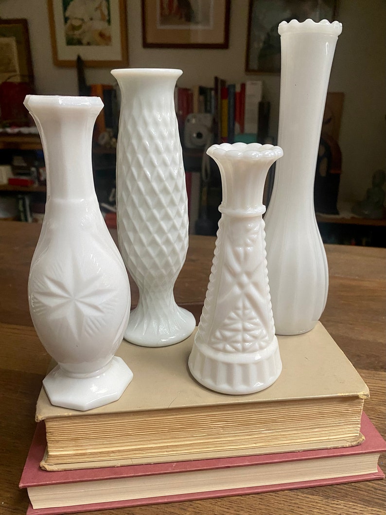 Vintage Milk Glass Vases, Milk Glass Wedding Centerpiece Vases, Neutral Academia Decor, Mismatched Vintage Flower Bud Milk Glass Vases image 6
