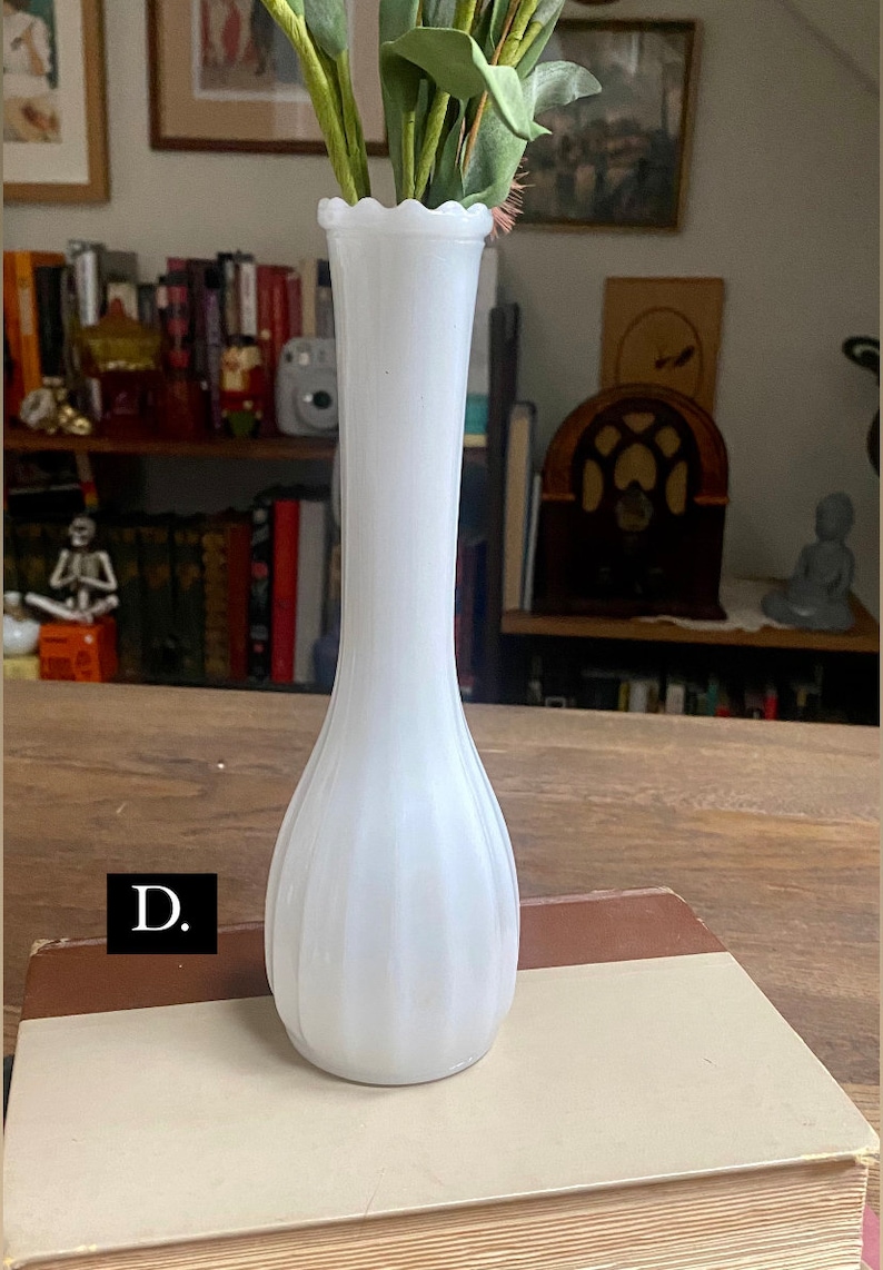 Vintage Milk Glass Vases, Milk Glass Wedding Centerpiece Vases, Neutral Academia Decor, Mismatched Vintage Flower Bud Milk Glass Vases 8” Ribbed Vase