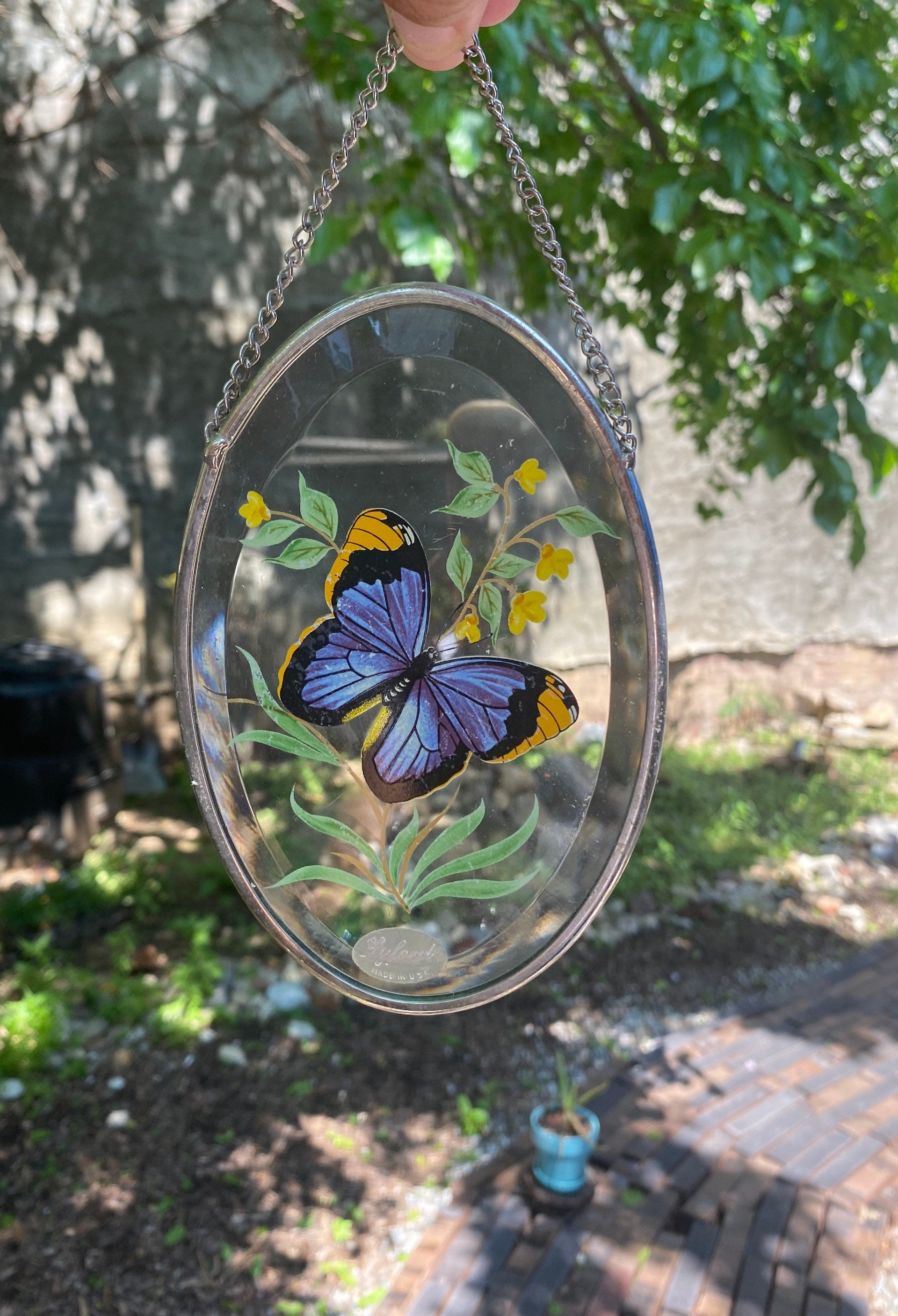 Vintage Butterfly and Flower Glass Sun Catcher, Cottagecore Butterfly Decor, Floral Butterfly Beveled Glass, Blue/Yellow Butterfly Art
