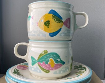 Vintage Tropical Fish Ceramic Teacup Cup Set, 1990s Studio Nova Tropical Fish Tea Set, Tropical Fish Ocean/Beach Kitchen Decor