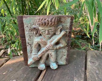 Antique Wooden Green Painted Musician Statue Figure Panel Hand Carved Sculpture