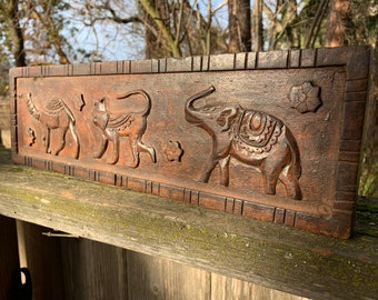 Old Hindu carved panel Camel, monkey, elephant