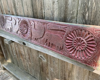 Gorgeous maroon colored Hindu wood temple panel Fish, Elephants, Peacocks