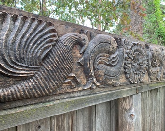 1800’s Hindu carved wood panel. Carved peacocks and fish. Late 1800’s