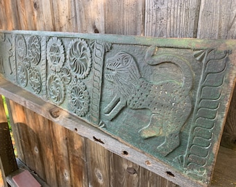 Wood Carved Lion Floral Green Painted 46 x 10’’ Mughal Hindu Door Rare Panel