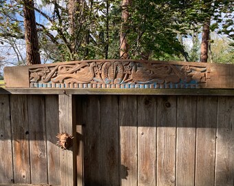 18th C rare Hindu arched wood panel Peacock, Floral and Fish. All hand carved