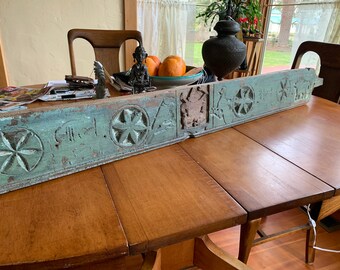 Hindu carved wood panel original teal paint, birds, Ganesh, deer carving
