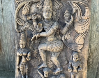 Hindu Shiva with attendants old wooden panel