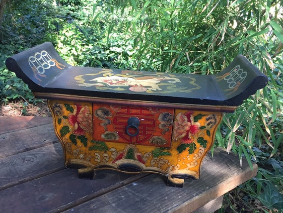 Antique Chinese Altar Cabinet W Hand Painted Foo Dog Etsy
