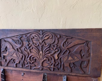Architectural wood panel 1800’s horses and peacocks Hindu