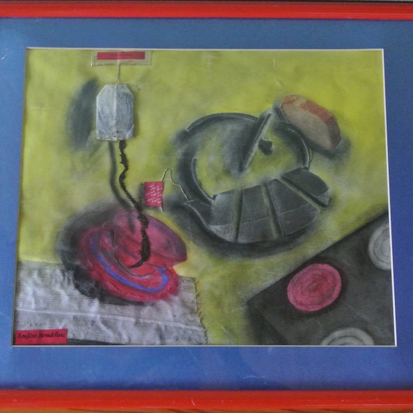 Mixed media pastel painting tea time with tea bag, napkin signed Carolyn Gardner