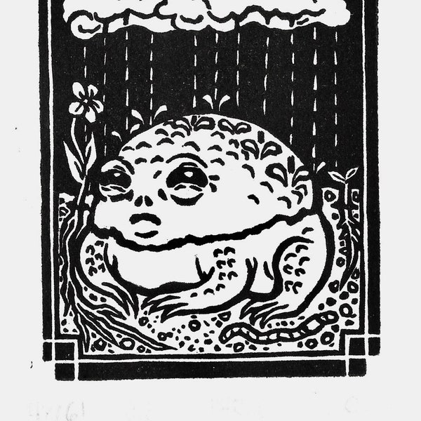 Phrog | linocut print | linocut print frog | desert rain frog | desert rain frog art | frog art | no rain no flowers | printmaking | frog