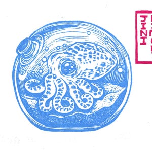 Bokka (blue ink) | octopus | baby octopus | cute octopus | octopus art | octopus drawing | octopus printmaking | cephalopod | cuttlefish