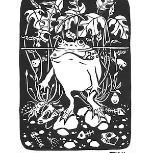 Little Terror linocut print | frog print | Budgett's frog | budgie frog | greenery | frog art | relief print | witchy art | printmaking