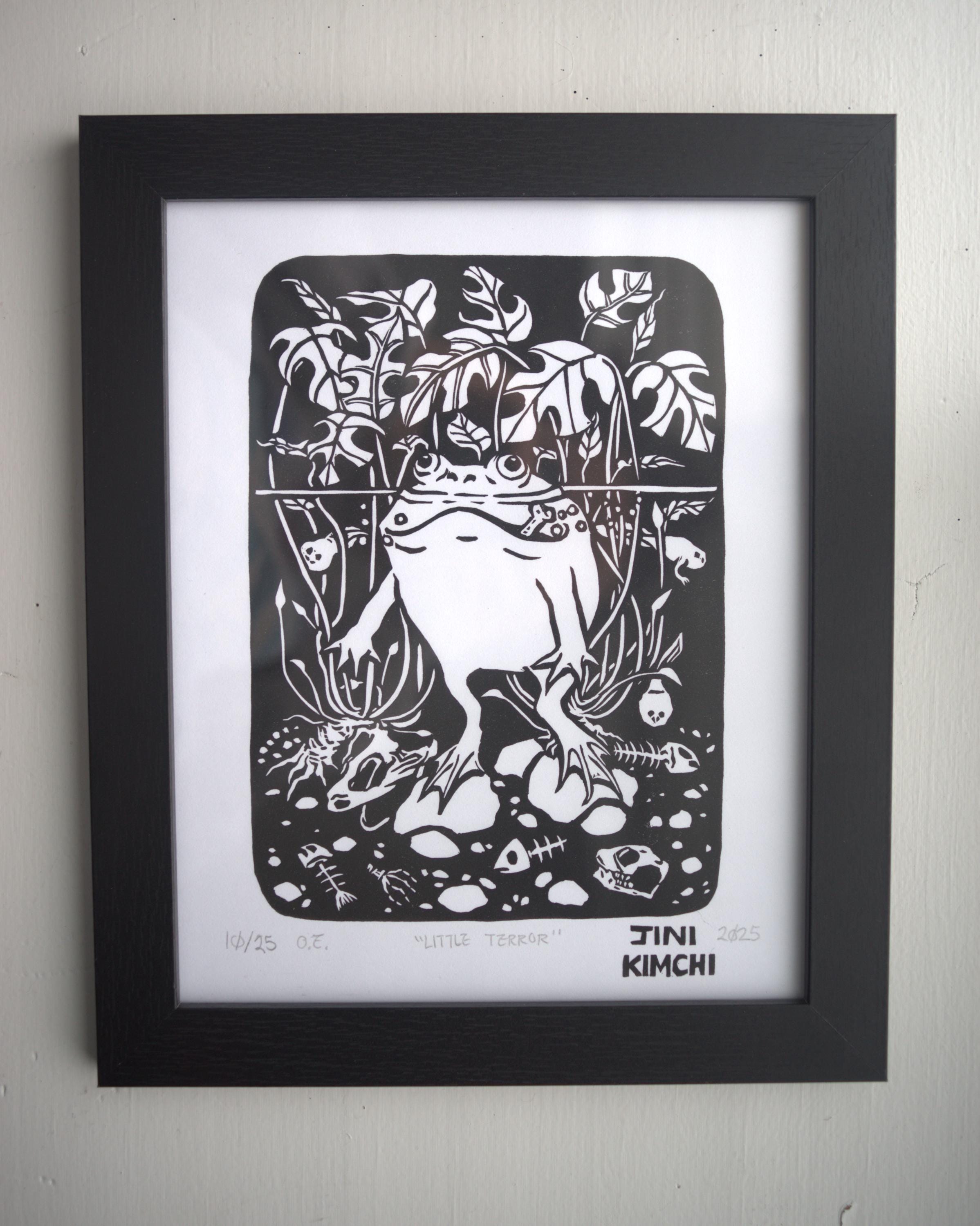 Little Terror Linocut Print | Frog Print | Budgett's Frog | Budgie Frog ...