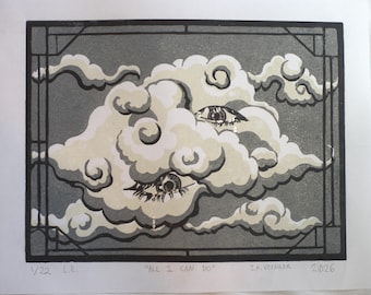 All I Can Do | linocut reduction print | silver-leaf | clouds | Korean art | Asian clouds