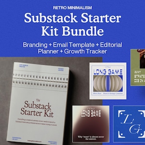 May include: A digital product bundle titled Retro Minimalism Substack Starter Kit Bundle featuring a spiral-bound guide, email templates, an editorial planner, and a growth tracker. The design includes white text on a blue background with graphic elements.