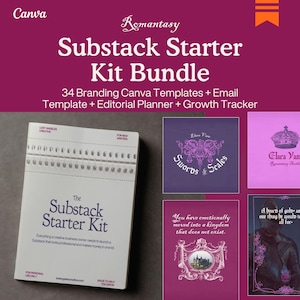May include: A digital product bundle titled Romantasy Substack Starter Kit Bundle featuring 34 Canva templates, an email template, an editorial planner, and a growth tracker. The image displays a white spiral-bound book cover and several purple graphic design panels with text and illustrations of crowns, swords, and a knight.