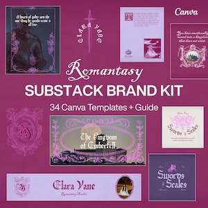 以下が含まれることがあります： 34個のCanvaテンプレートとガイドを含むRomantasy Substackブランドキット。コレクションには、紫を基調とした様々なグラフィックデザインが含まれており、装飾的なフレーム、剣のイラスト、そして「Clara Vane」、「Swords & Scales」、「The Kingdom of Emberfell」といったゴシック調のタイポグラフィによるテキストが配置されています。