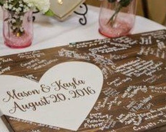 WEDDING GUEST BOOK Signing Board, Sign In Reception, Wood Rectangle Heart, Rustic Farmhouse Wedding Sign, Bride and Groom Name Indoor Plaque