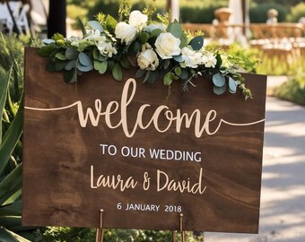 Customizable Wood Wedding Welcome Sign, Floral Topper, Rustic Event Signage