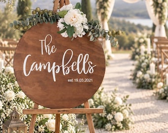 Custom Round Timber Wedding Welcome Sign, Personalized Couple Surname Board (60cm Diameter)