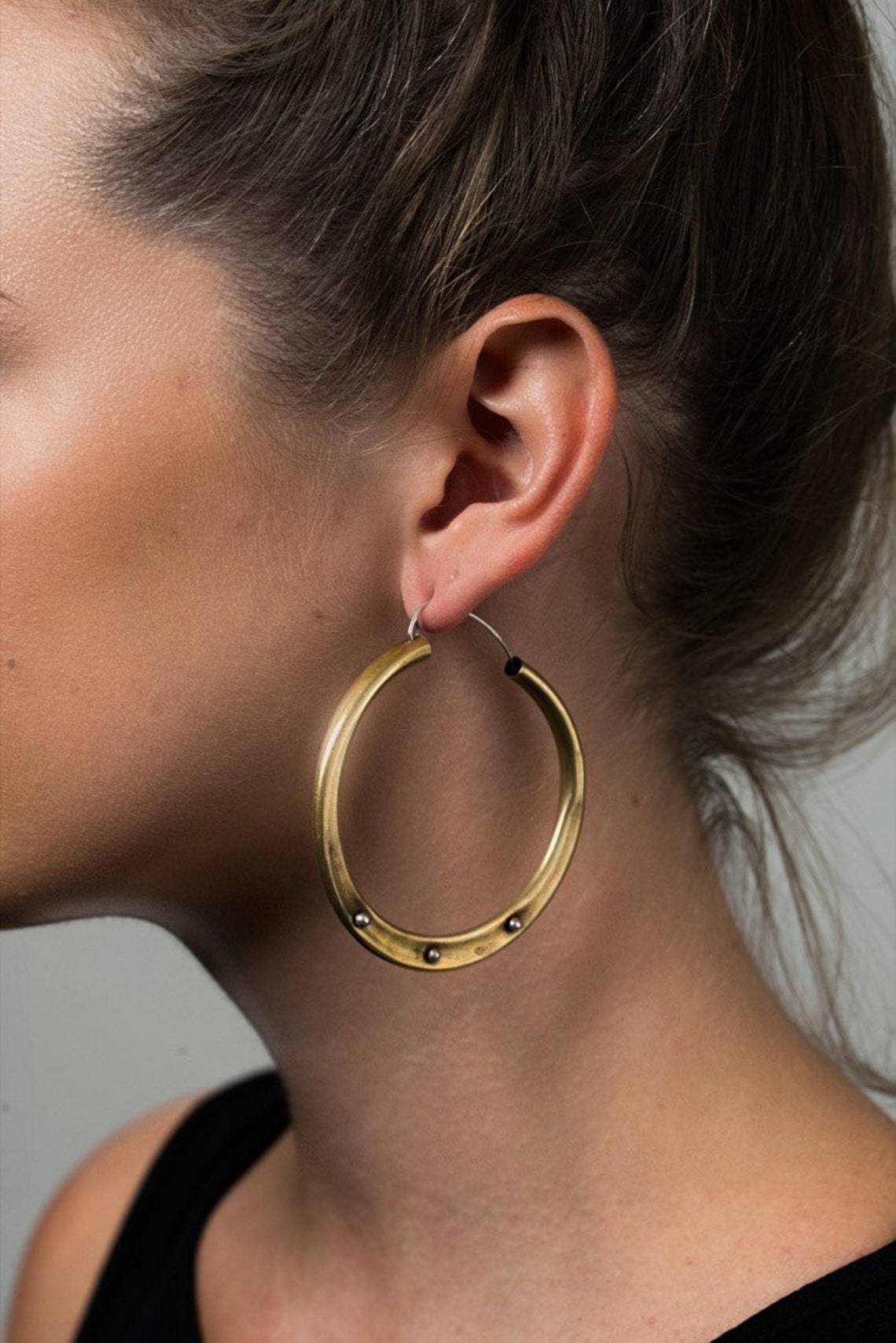 Medium Brass Hoops With Studs Etsy