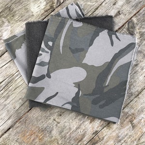Visible Mending Fabric Patch Bundle - Camouflage & Black Denim - Cotton Swatches for Clothing Repair, Sewing, Crafts