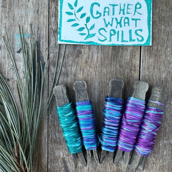 Hand Dyed Embroidery Floss, Tie Dye Cotton on Wooden Clothespins, Turquoise, Purple, Blue Thread for Embroidery, Slow Stitching, Crafts