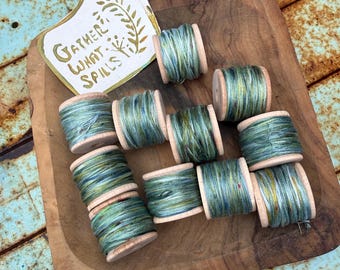 Ice Dyed Embroidery Floss on Vintage Wooden Spools - ‘Teal Skies’ ii Hand Dyed 100% Cotton Thread for Embrodiering,  Slow Stitching,