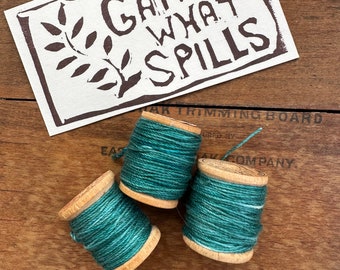 Hand Dyed Sashiko Thread, Jade Green Cotton Thread for Visible Mending, Slow Stitching, Embroidery Crafts on Vintage Wooden Spools