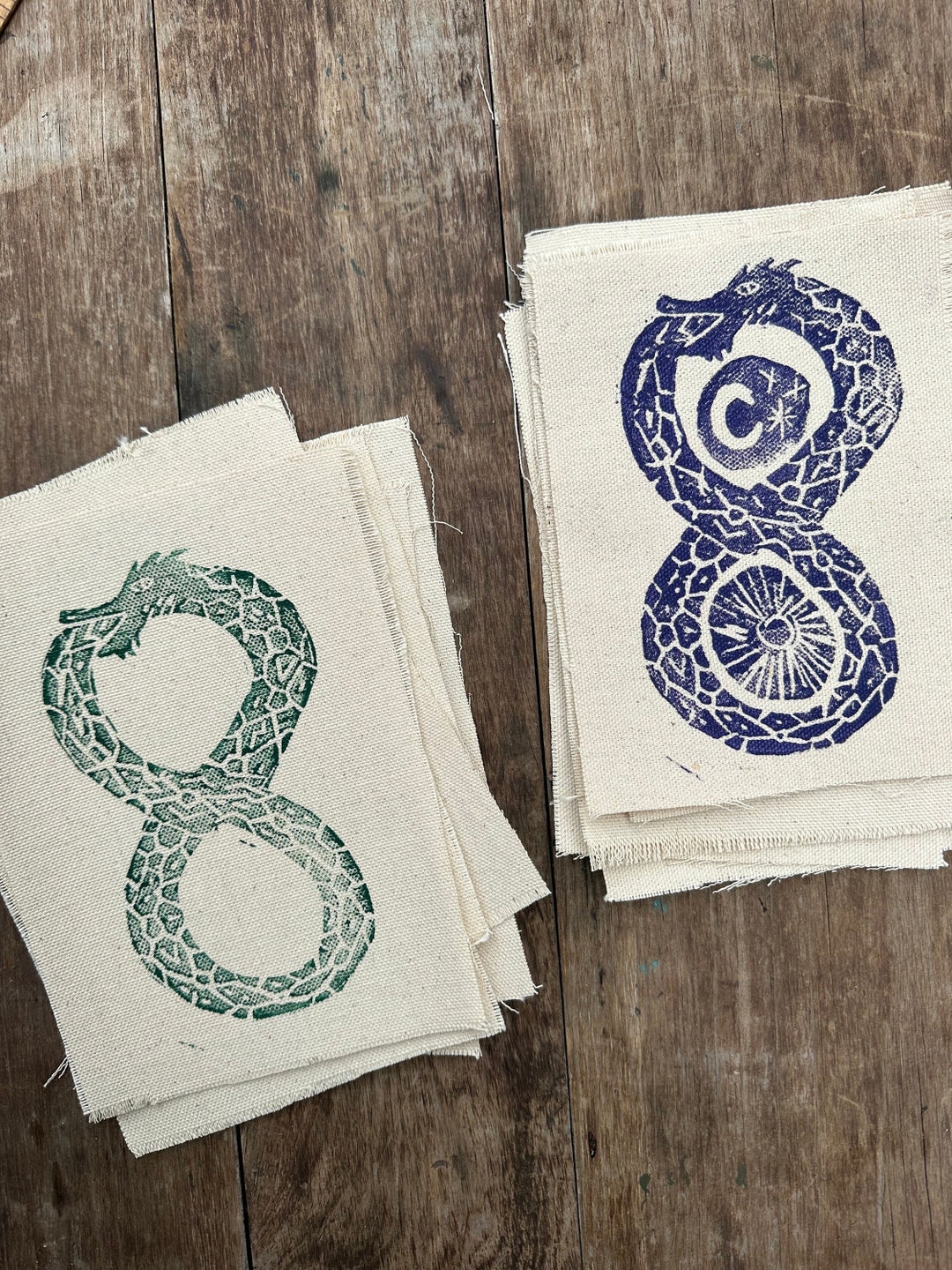 Patchwork Linocut Hand Carved & Printed Linocut Canvas Ouroboros Patch, Celestial Snake ...
