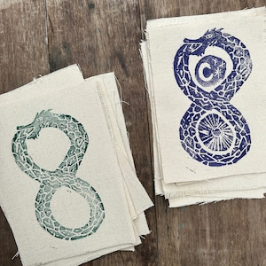 Hand Carved & Printed Linocut Canvas Ouroboros Patch, Celestial Snake Patches for Mending, Textile Art, Patchwork